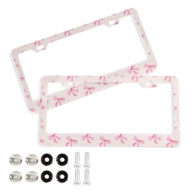 Coikll Pink Bow License Plate 2 Holes Frame Rustproof Aluminium Car Tag Covers Car License Plate Holders with Screws for Car Accessories -Round Hole
