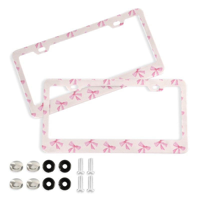 Coikll Pink Bow License Plate 2 Holes Frame Rustproof Aluminium