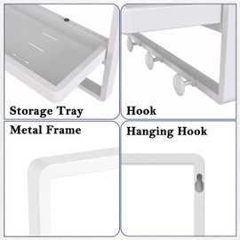 LETSFIELD Bathroom Mirror with Shelf and Hooks for Wall, 28 x 21 Inch Modern Rectangle Wall Mirror for Bathroom, Metal Framed Bathroom Vanity Mirror for Over Sink, Entrance, Farmhouse (White)