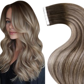 Hetto Extensions Tape Real Hair Ash Brown Medium Blonde Tape-In Extensions Real Hair Balayage Straight Hair Extensions Tape Invisible Remy Ash Brown Medium Blonde Balayage #3/8/22 40 cm 50 g