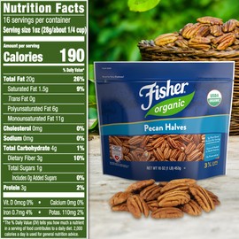 Fisher Organic Pecans Halves 16 oz, USDA Certified Organic, Unsalted Raw Pecans, North American Grown, Non-GMO, No Preservatives, Keto & Paleo Friendly, Heathy Snack for Adults, Resealable Bag