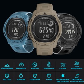 AVTREK Men's Military Watch, Tactical Army Watch with Compass, 50 m Waterproof Digital Watch, Pedometer Watch, Altimeter Watch for Hiking/Climbing (Café)