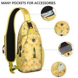 Wakasui Bee Crossbody Sling Backpack Honey Mini Water Resistant Sling Bag with Adjustable Chest Strap Backpack for Outdoor Hiking Cycling Sports– Anti-Theft