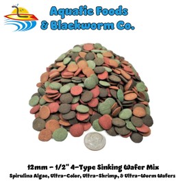 Aquatic Foods Inc.4-Type Ultra Mix of 12mm - 1/2'' Sinking Wafers, Spirulina-Algae, 6-Type Worm, 10-Type Shrimp, Intense Color Enhancing Wafers for Plecos, Shrimp, Snails, All Tropical Fish - 2-lbs