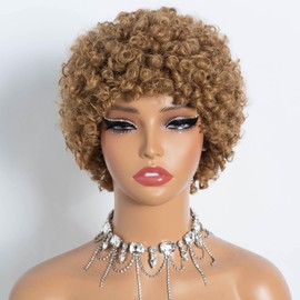 Style Icon Short Afro Curly Hair Wig for Black Women Human Hair Pixie Cut Afro Curl Wig Full and Fluffy Natural Looking Glueless Wear to Go Blonde Color (27)