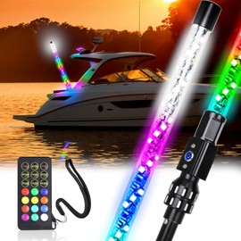 Yiswhis 5FT 360° Spiral Boat Stern Light Boat Anchor Light with Remote Control, Plug-in Base Boat Whip Navigation Light Chasing Color LED Boat Whip for Fishing Boats, Yachts