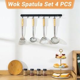 FJNATINH Cooking Utensils - Spatula, Ladle, Skimmer Spoon, Slotted Spatula - 4 Pieces Stainless Steel Wok Utensils Set for Carbon Steel