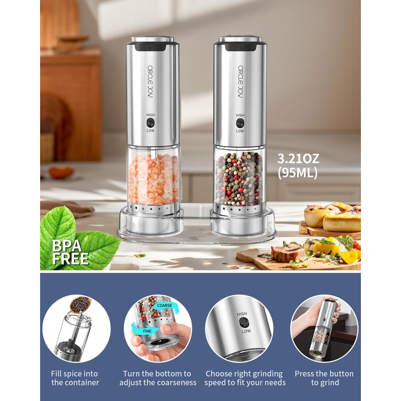 CIRCLE JOY Electric Salt and Pepper Grinder Set Stainless Steel