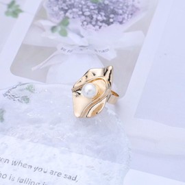 IRCOMULTI Gold Pearl Statement Ring Irregular Geometric Open Ring Adjustable Pearl Geometric Ring Metal Exaggerated Pearl Ring Vintage Chunky Textured Metal Ring Jewelry for Women