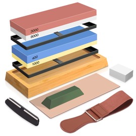 Knife Sharpening Stone Kit, 4 Side Grit 400/1000 3000/8000 Whetstone, Professional Whetstone Knife Sharpener Set Includes Polishing Compound, Bamboo Base, Flattening Stone, Leather Strop & Angle Guide