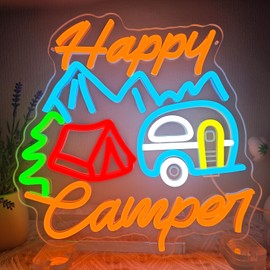Happy Camper Neon Sign Camping Led Sign Dimmable Bus Neon Lights Happy Camper Light Up Sign camper Room Wall Decor Touring Car Gifts Campsite Decorations