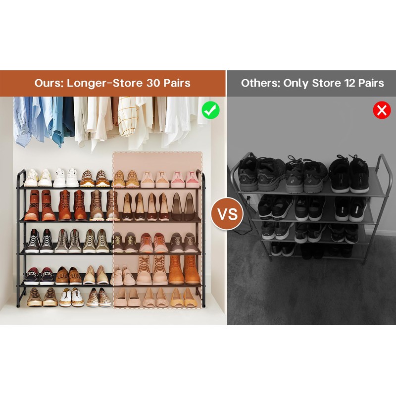 KIMBORA 4 Tier Long Shoe Rack for Closet, Wide Shoe