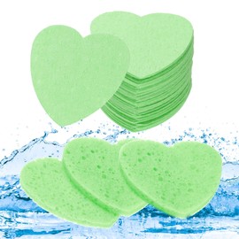 QUARKZMAN Pack of 60 Compressed Face Sponges Heart Shaped Facial Cleansing Sponges Pads for Daily Skin Care Routines at Home, Kitchen, Travel, Green