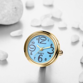 JewelryWe Ring Watch Finger Watch Women's Ultra Thin Round Analogue Quartz Ring Watch Adjustable Finger Ring Watch Ring with Digital Dial, Gold-Blue, Bracelet