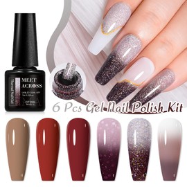 MEET ACROSS 6 Colors Gel Nail Polish Kit Winter Nude Brown Burgundy Red Gel Polish Set Brown Colors Glitter Thermal Gel Nail Polish Soak Off Gel Nail Kit Manicure DIY Nail Art Salon Home Gift