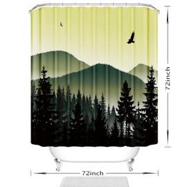 Domoku Green Forest Mountain Shower Curtain Set Ombre Sage Green Natural Mountain Tree Shower Curtain Woodland Bathroom Decor, Polyester Waterproof Washable Fabric Hooked Shower Curtain, 72" × 72"