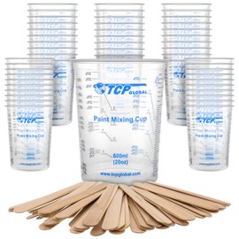 TCP Global 20 oz. (600ml) Graduated Plastic Mixing Cups - Box of 25 with 25 Mixing Sticks - Disposable Plastic Measuring Cups for Liquids, Paints, Resin, Epoxy, Art, Kitchen - Ratios 2-1, 3-1, 4-1 ML