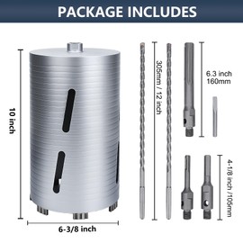 6-3/8 inch Diamond Dry Core Drill Bit, 10" Drilling Depth, 5/8"-11 Thread for Concrete Granite Masonry Brick Block, Includes 3 Adapters SDS Plus, SDS Max and Hex (6-3/8 inch)