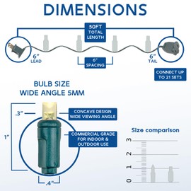 Novelty Lights 50ft 100 LED Warm White Christmas Lights Outdoor/Indoor, 6" Spacing, Green Wire String Lights for Festive Xmas Lighting, IP55, UL Listed, Dimmable, Connectable
