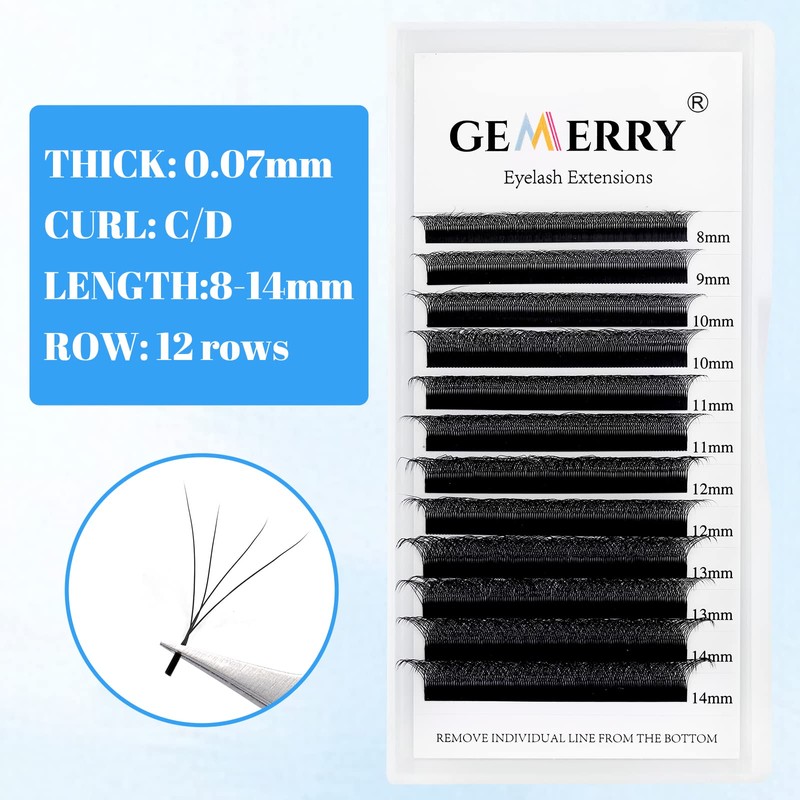 Gemerry Fadlash 0.07D-MIX8 - 14 mm Volume Eyelashes, 4D Pre-Fanned