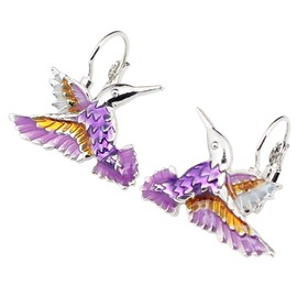 DOWAY Enamel Flying Hummingbird Bird Hoop Earrings Stud Clip with Dangle Charms for Women Various Styles Gift (Purple)