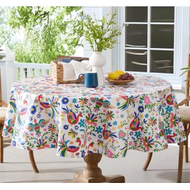 Newbridge Animal Folk Print Vinyl Tablecloth with Flannel Backing, 70 Inch Zippered Umbrella Round, Mexican Otomi Birds, Hearts, Floral Design, Tablecloth for Parties Picnics and Barbecues