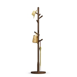 Solid Wood Round Base Coat Rack, Free Standing Hall Coat Tree with 8 Hooks（+2 spare) for Coats, Hats, Bags, Purses, for Entryway, Hallway, Rubberwood Hooks,Base and Pole(Round Base,Dark Walnut)