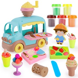 Crelloci Ice Cream Play Color Dough for Kids, Kitchen Creation Dough Set with Accessories &Tools, Ice Cream Truck Pretend Playset Role Play Food for Toddler Boys Girls Aged 3+ (5 Dough)