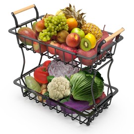 HUWAIGOU 2-Tier Fruit Basket for Kitchen Counter – Large Metal Fruit Bowl Holder Stand with Wooden Handle for Apples, Oranges, Vegetables – Fruteros para Cocina, Countertop Organizer, Black