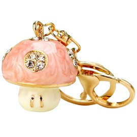 Mini Mushroom Keychain Crystal Keyring Rhinestones Purse Pendant Handbag Charm (Pink)