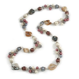 Avalaya Antique White/Grey/Brown Shell and Glass Beads Long Necklace in Silver Tone Metal - 80cm Long