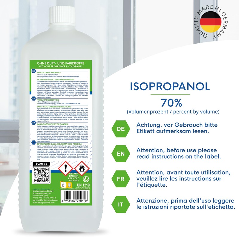 ferdoclean Isopropanol/Isopropyl Alcohol 70% 1000 ml / 1 Litre Cosmetic