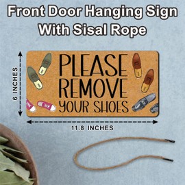 Please Remove Your Shoes Sign For The Front Door, Shoes Off Hanging Sign With Sisal Rope, Rustic Farmhouse Decorations, Indoor Outdoor Home Porch Window Decor (11.8 x 5.9 Inches) - B08