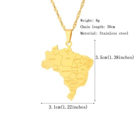 LUTAKU Brazil Map and Cities Necklace for Women Men, Brazil Necklace Pendant Charm Chain, Stainless Steel Map Jewelry Accessories (gold)