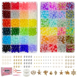 Dayify 1500 Pcs 8mm Glass Beads Bracelet Making Kit, 48 Colors Crystal Beads for Jewelry Making, Round Glass Beads with Charms for Bracelets and DIY Crafts (24 Solid Colors and 24 Mermaid Colors)