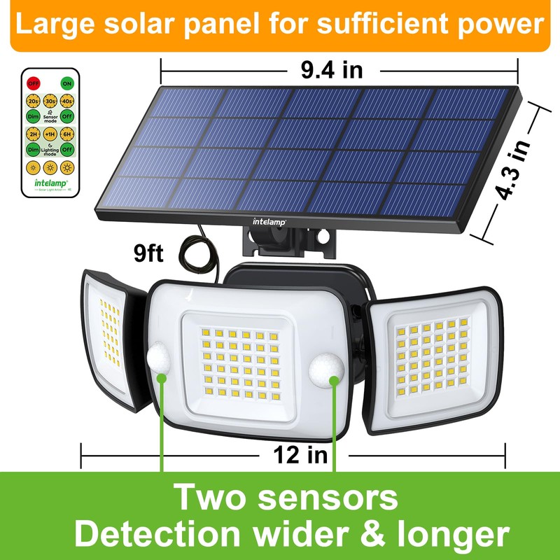 intelamp Solar Lights Outdoor, 3 Head Solar MotionSensor Lights for