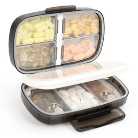 FYY Travel Pill Organiser, 8 Compartments Portable Daily Pill Case Pill Box, Pill Box, Morning Evening, Pill Box, Foldable, Portable, Large for Storing Vitamins, Black