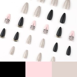 JUSTOTRY 24 Pcs Almond Shape Black Press on Nails Short, Medium Length with Silver and Golden Glitter Unique Designs Oval Fake False Nails with Glue, Nail Art for Women and Girl Stick on Nails