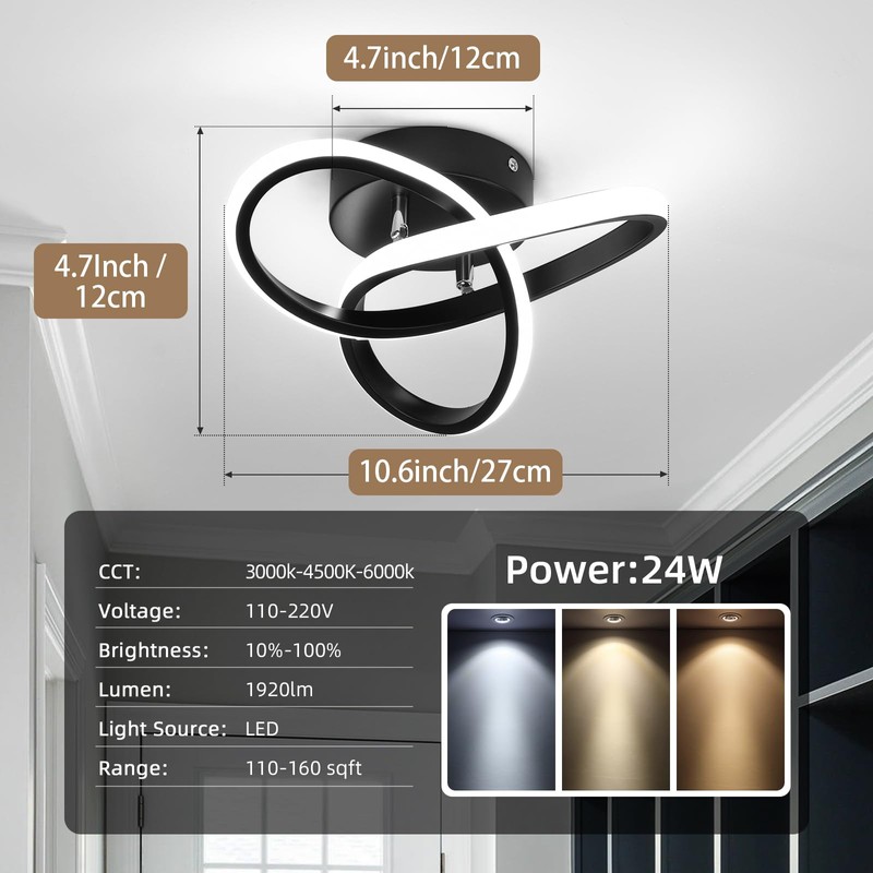 CANEOE Black Hallway Ceiling Light Fixtures 24W Dimmable LED Ceiling