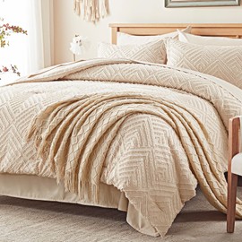 Zzlpp Full Comforter Set 7 Pieces, Beige Tufted Bed in a Bag with Comforter and Sheets, All Season Boho Bedding Sets with 1 Comforter, 2 Pillow Shams, 2 Pillowcases, 1 Flat Sheet, 1 Fitted Sheet