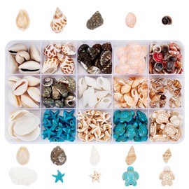 arricraft 15 Styles Shell Beads, Ocean Theme Beads Set, Natural Shell Beads, Spiral Shell Beads, Starfish, Turtle, Dyed, Synthetic Turquoise Beads, Mixed Shape Beads