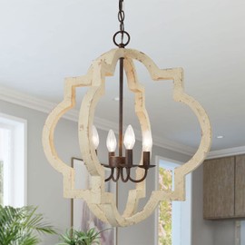 GEPOW Farmhouse Chandelier, Large Orb Wood Light Fixture with Distressed White Finish for Dining Room, Bedrooms, Living Rooms and Foyer