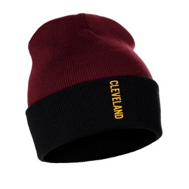 Daxton Vertical USA Cities Cuffed Beanie Winter Knit hat Skully Cap, Cleveland BurgundyBlack Gold