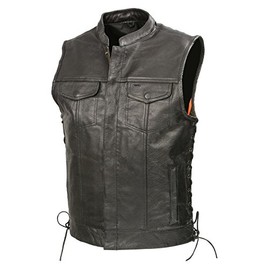 Mens SOA Leathe Club Style Vest W/Concealed Gun Pockets, Side Lace, Premium Buffalo Leather Biker Vest, Patches Friendly (Black, 3X)