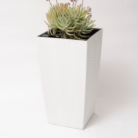 XBrand 30" H White Rattan Self Watering Indoor Outdoor Square Planter Pot, Tall Decorative Gardening Pot, Home Décor Accent