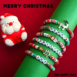 OSHPPKEL Christmas Bracelets 6 Pack Polymer Clay Jewelry Merry Christmas for Women Teens Girl Gifts