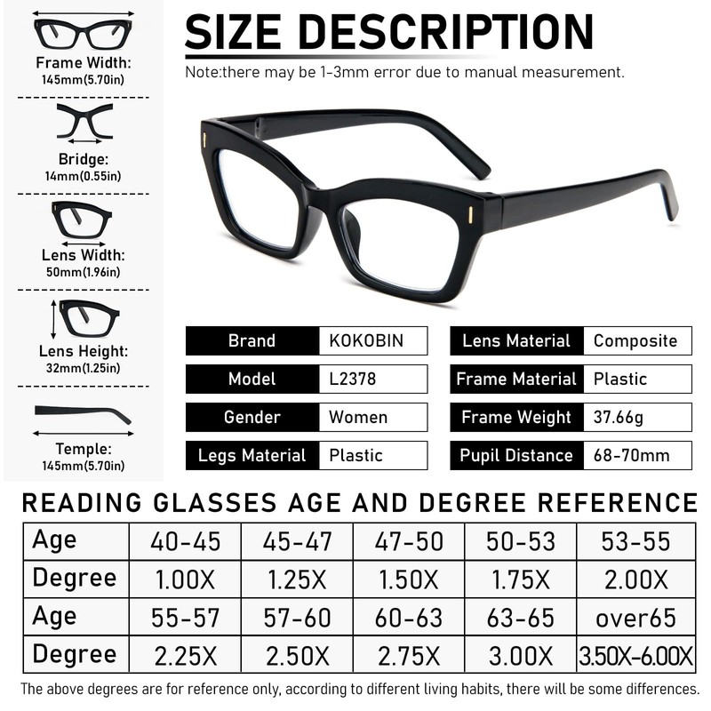 KoKoBin 3 Pack Retro Square Oprah Style Reading Glasses for