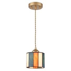 TEENYO Tiffany Pendant Light Fixture 5.5-Inch Cylinder Stained Glass Pendant Lighting Vintage Tiffany Style Hanging Ceiling Light for Kitchen Island Dining Room Bar Hallway Home Office