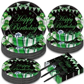 gisgfim 50 Guests Green Silver Black Birthday Party Tableware Set Confetti Sprinkles Party Supplies Green Birthday Plates and Napkins Green Silver Dinnerware Table Decors for Men Women, 200PCS