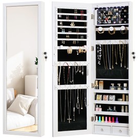 MASMIRE LED Jewelry Cabinet with Mirror - 47.3" Mirror Jewelry Armoire Door Hanging/Wall Mounted Mirror with Storage And Drawers White